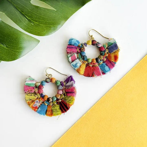 Kantha Tasseled Hoop Earrings