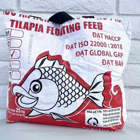 Recycled Feed Bag Tote | Red Fun Fish