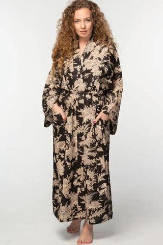 Long Kimono Robe | Black & Gold