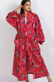 Long Kimono Robe | Red Multi Birds