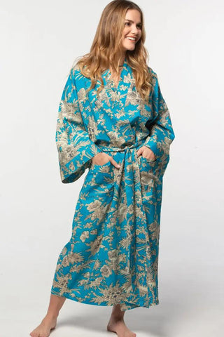 Long Kimono Robe | Turquoise & Gold