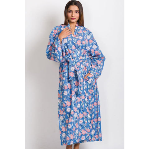 Long Kimono Robe | Blue Poppies