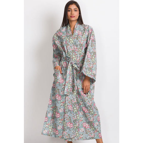 Long Kimono Robe | Silver Floral