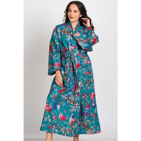 Long Kimono Robe | Teal & Rose