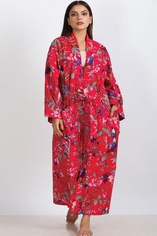 Long Kimono Robe | Red Multi Birds