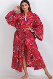 Long Kimono Robe | Red Multi Birds
