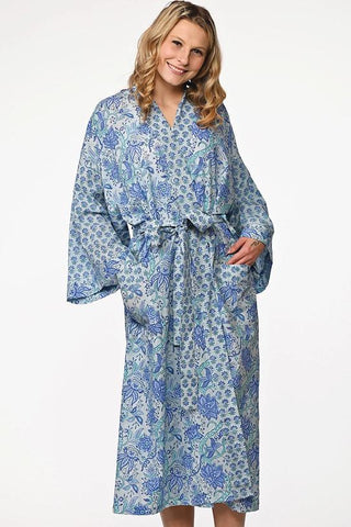 Turquoise Bird Block Print Bath Robe, Indian Handmade Cotton Kimono, Beach  Coverup, Maxi Dressing Gown, Bridesmaid