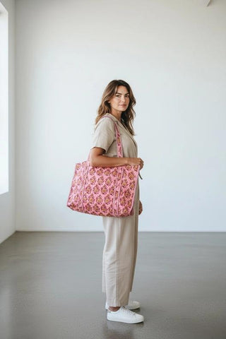Quilted Cotton Bag | Pink Red Floral
