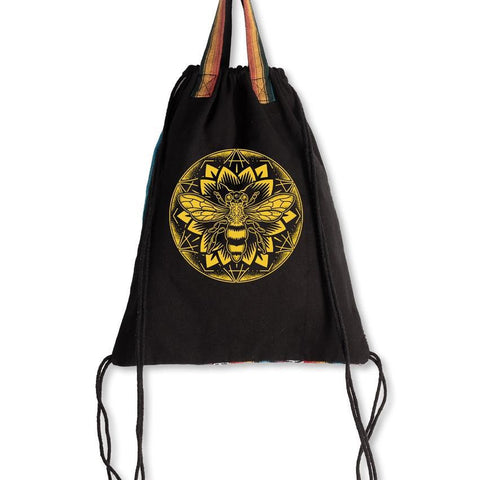 Cinch String Backpack | Black | Bee Mandala