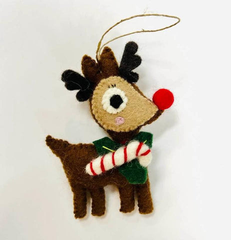 Wool Ornament | Reindeer with Candy Cane