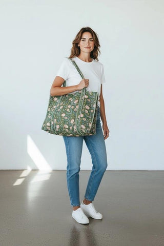 Quilted Cotton Bag | Green Blue Floral