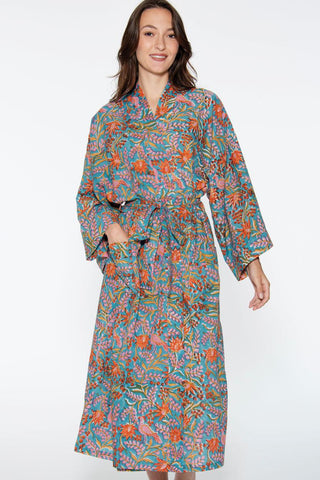 Block Print Kimono Robe | Blue Multi