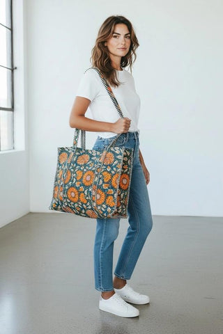 Quilted Cotton Bag | Blue Orange Floral