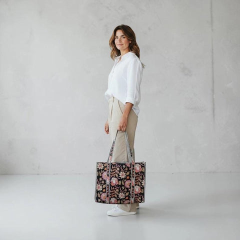Quilted Cotton Bag | Black/Pink/Orange Floral