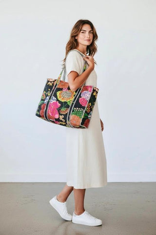 Quilted Cotton Bag | Black Tropical Floral