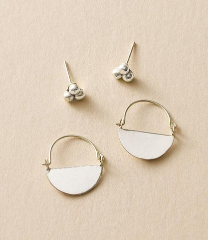 Diya Silver Stud and Hoop Earrings | Set of 2