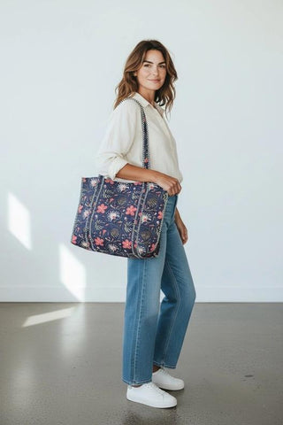 Quilted Cotton Bag | Blue Pink Floral