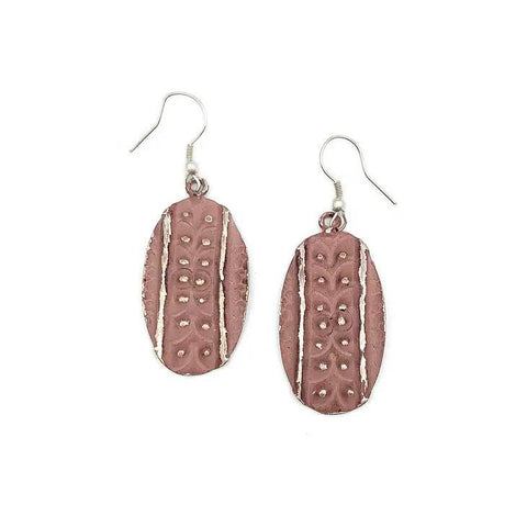 Silver Patina Earrings | Dusty Rose Dots and Lines Oval