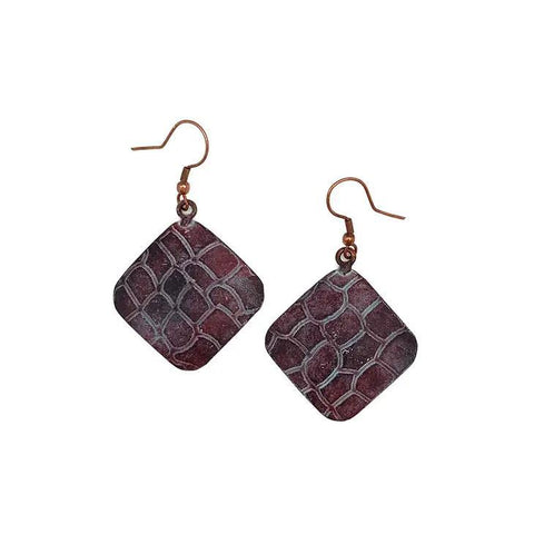 Copper Patina Earrings | Dark Purple Crocodile Print