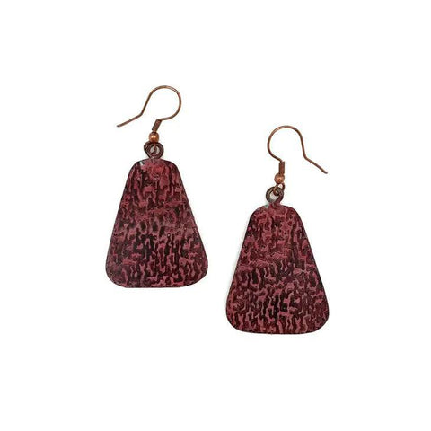 Copper Patina Earrings | Red Marbled Print