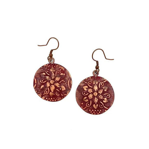 Copper Patina Earrings | Red Botanical Print Circles