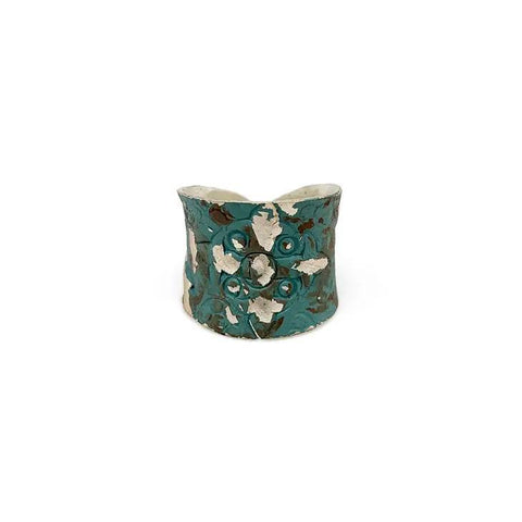 Silver Patina Ring | Teal Cross and Waves