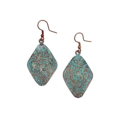 Copper Patina Earrings | Aqua Floral Paisley Diamond