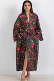 Long Kimono Robe | Charcoal Multi Birds