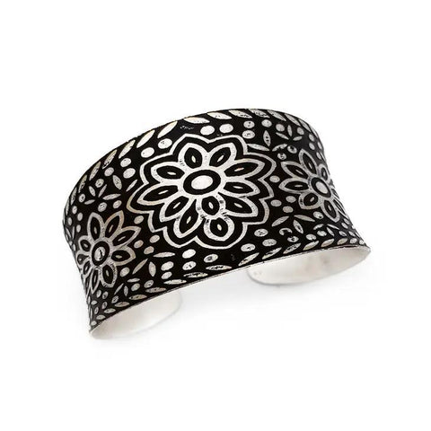 Silver Patina Bracelet | Black Floral Pattern