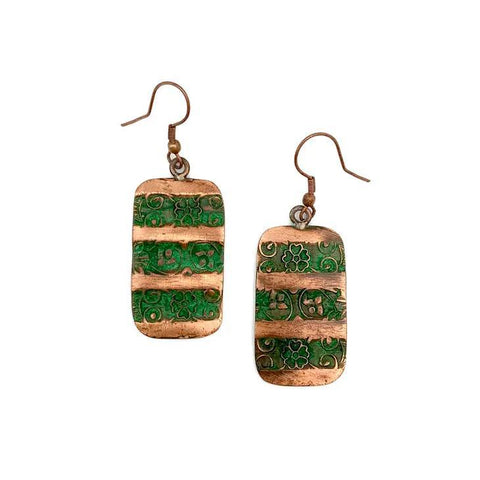 Copper Patina Earrings | Green Floral Striped Rectangles