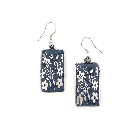 Silver Patina Earrings | Blue Small Floral Rectangle