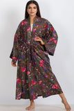 Long Kimono Robe | Charcoal Multi Birds