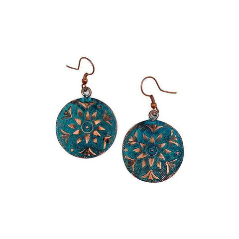 Copper Patina Earrings | Teal Sun Flower Circle