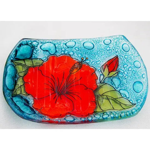 Recycled Glass Soap Dish | Red Hibiscus Flower