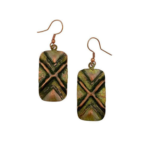 Copper Patina Earrings | Light Green Lines and Rivets