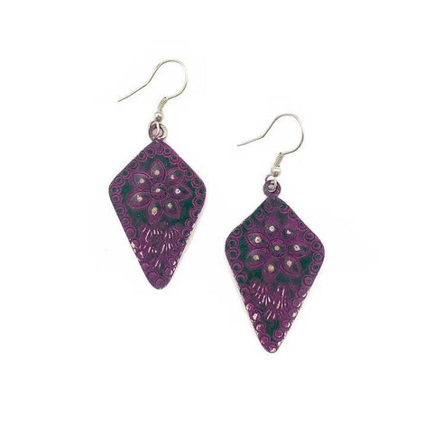Silver Patina Earrings | Purple Floral Diamond
