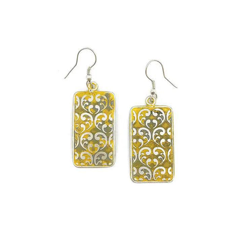 Silver Patina Earrings | Yellow Ornate Rectangle