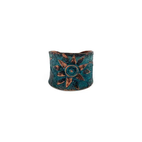 Copper Patina Ring | Teal Sun Flower Design