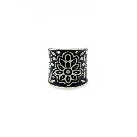 Silver Patina Ring | Black Floral Pattern